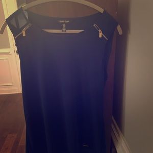 Navy blue tank with gold accents on sleeves